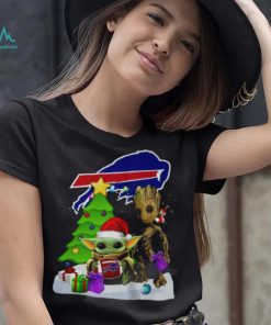 Santa Groot and Baby Yoda hug Buffalo Bills Snow Christmas Tree shirt