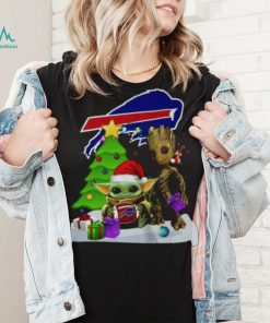 Santa Groot and Baby Yoda hug Buffalo Bills Snow Christmas Tree shirt