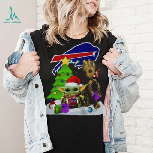 Santa Groot and Baby Yoda hug Buffalo Bills Snow Christmas Tree shirt