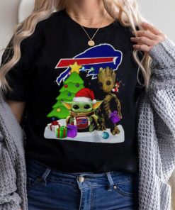 Santa Groot and Baby Yoda hug Buffalo Bills Snow Christmas Tree shirt