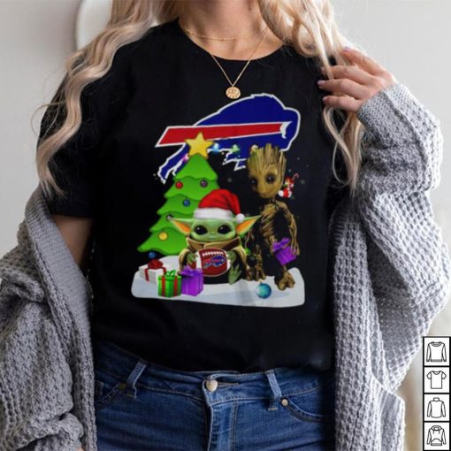 Santa Groot and Baby Yoda hug Buffalo Bills Snow Christmas Tree shirt