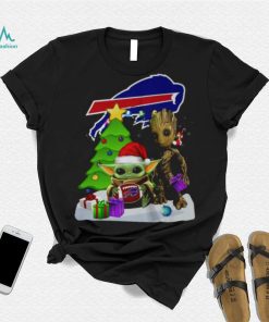 Santa Groot and Baby Yoda hug Buffalo Bills Snow Christmas Tree shirt