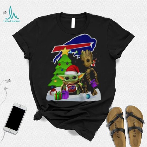 Santa Groot and Baby Yoda hug Buffalo Bills Snow Christmas Tree shirt