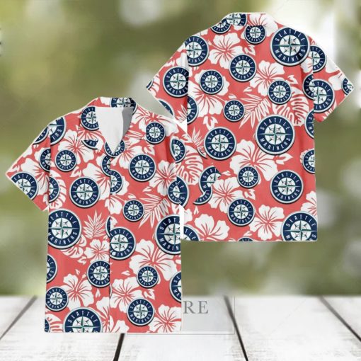 Seattle Mariners White Hibiscus Salmon Background 3D Hawaiian Shirt Gift For Fans