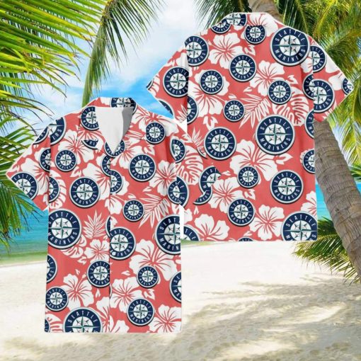 Seattle Mariners White Hibiscus Salmon Background 3D Hawaiian Shirt Gift For Fans