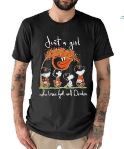 The Peanuts Snoopy and Friends Just a Girl who loves Fall and Baltimore Orioles Shirt