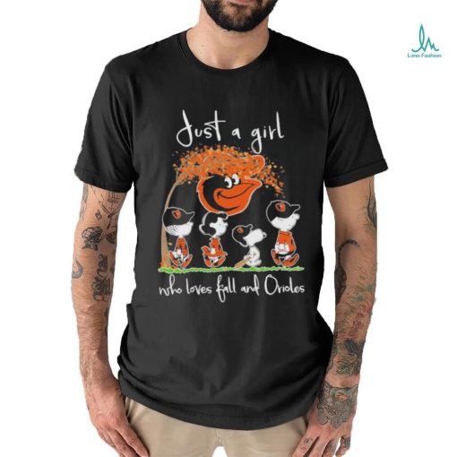 The Peanuts Snoopy and Friends Just a Girl who loves Fall and Baltimore Orioles Shirt