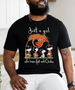 The Peanuts Snoopy and Friends Just a Girl who loves Fall and Baltimore Orioles Shirt