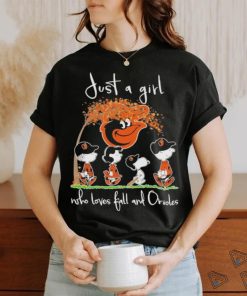 The Peanuts Snoopy and Friends Just a Girl who loves Fall and Baltimore Orioles Shirt