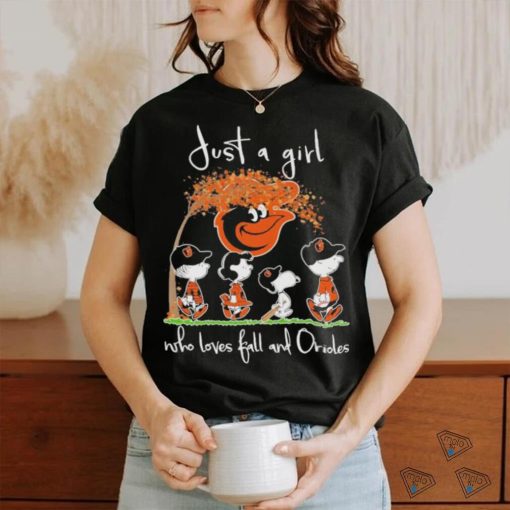 The Peanuts Snoopy and Friends Just a Girl who loves Fall and Baltimore Orioles Shirt