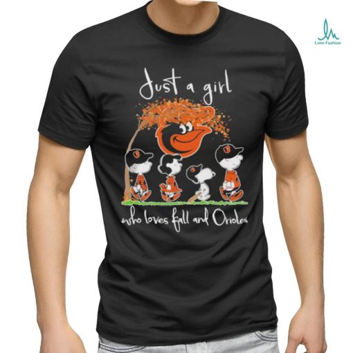 The Peanuts Snoopy and Friends Just a Girl who loves Fall and Baltimore Orioles Shirt