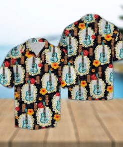 Ukulele Tiki Pattern Hawaiian Shirt Summer Button Up
