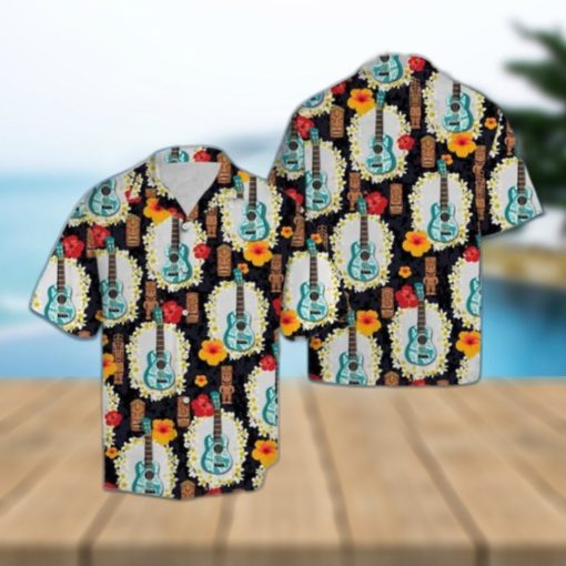 Ukulele Tiki Pattern Hawaiian Shirt Summer Button Up