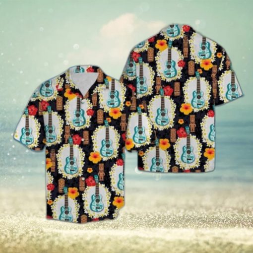 Ukulele Tiki Pattern Hawaiian Shirt Summer Button Up