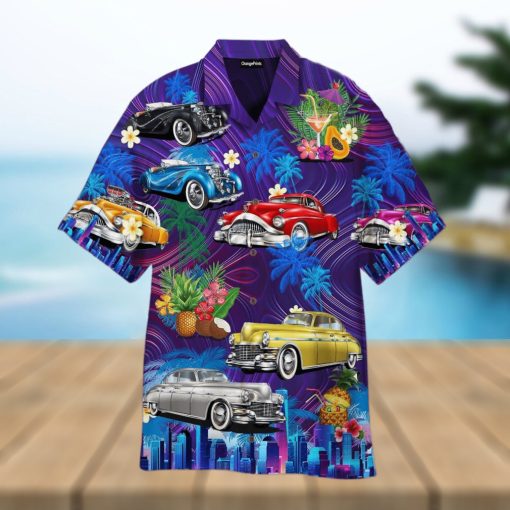 Vintage Hot Rod Car Sunset Beach Hawaiian Shirt For