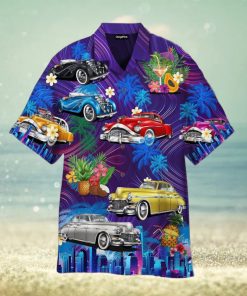Vintage Hot Rod Car Sunset Beach Hawaiian Shirt For