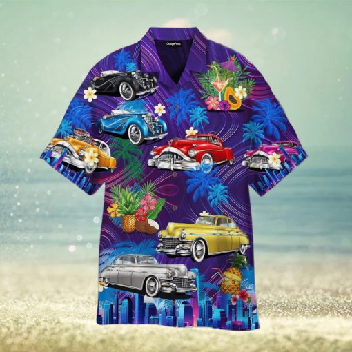 Vintage Hot Rod Car Sunset Beach Hawaiian Shirt For