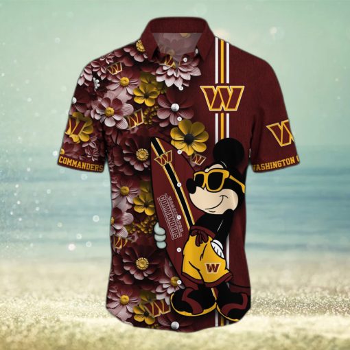 Washington Commanders Surfboard Parttern Mickey Mouse Flower Hawaiian Shirt