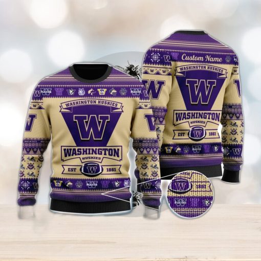 Washington Huskies Football Team Logo Ugly Christmas Sweater Custom Name Christmas For Fans