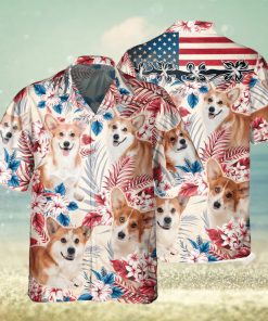 Welsh Corgi Dog United States Flag Hawaiian Flowers All Over Printed 3D Hawaiian Shirt