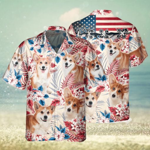 Welsh Corgi Dog United States Flag Hawaiian Flowers All Over Printed 3D Hawaiian Shirt