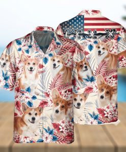 Welsh Corgi Dog United States Flag Hawaiian Flowers All Over Printed 3D Hawaiian Shirt