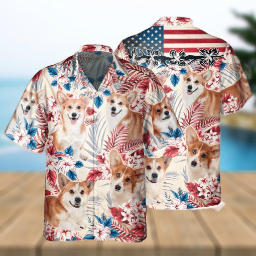 Welsh Corgi Dog United States Flag Hawaiian Flowers All Over Printed 3D Hawaiian Shirt