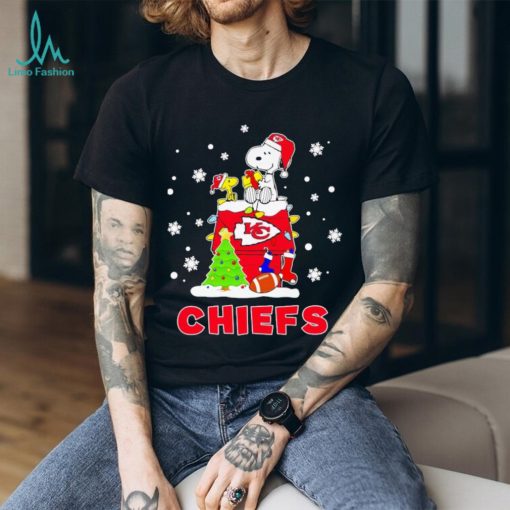 Woodstock and Snoopy on dog house Kansas City Chiefs Christmas shirt