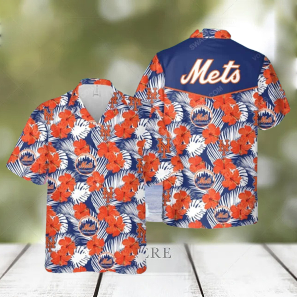 New York Mets Big Logo And Orange Hibiscus Hawaiian Shirt Sport