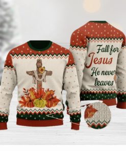 Autumn Pumpkin Floral Cross Wool Knitted Pattern Fall For Christ He Never Leaves Ugly Sweater