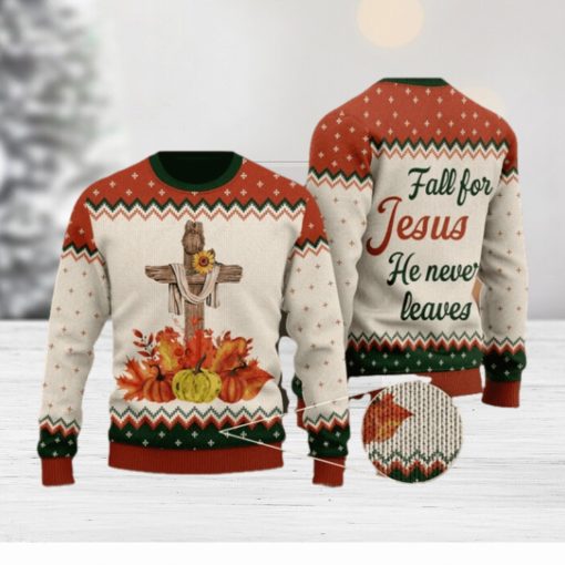 Autumn Pumpkin Floral Cross Wool Knitted Pattern Fall For Christ He Never Leaves Ugly Sweater