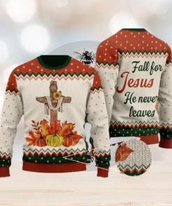 Autumn Pumpkin Floral Cross Wool Knitted Pattern Fall For Christ He Never Leaves Ugly Sweater