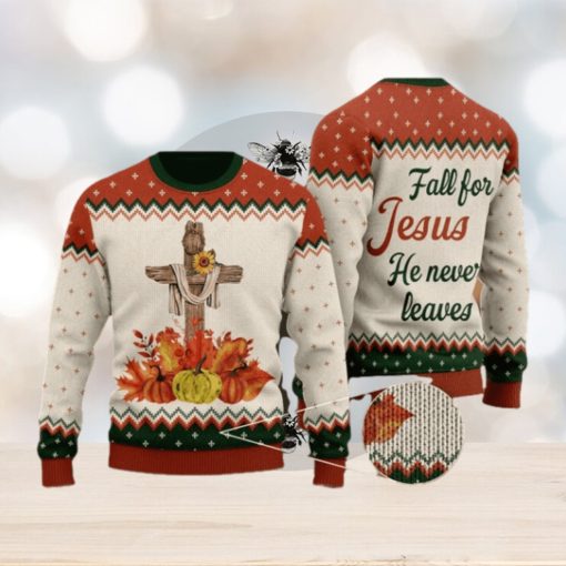 Autumn Pumpkin Floral Cross Wool Knitted Pattern Fall For Christ He Never Leaves Ugly Sweater