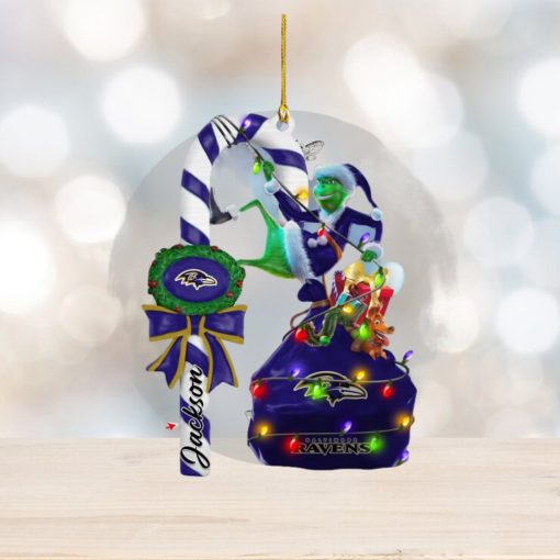 Baltimore Ravens NFL Custom Name Grinch Candy Cane Ornament 2 Side