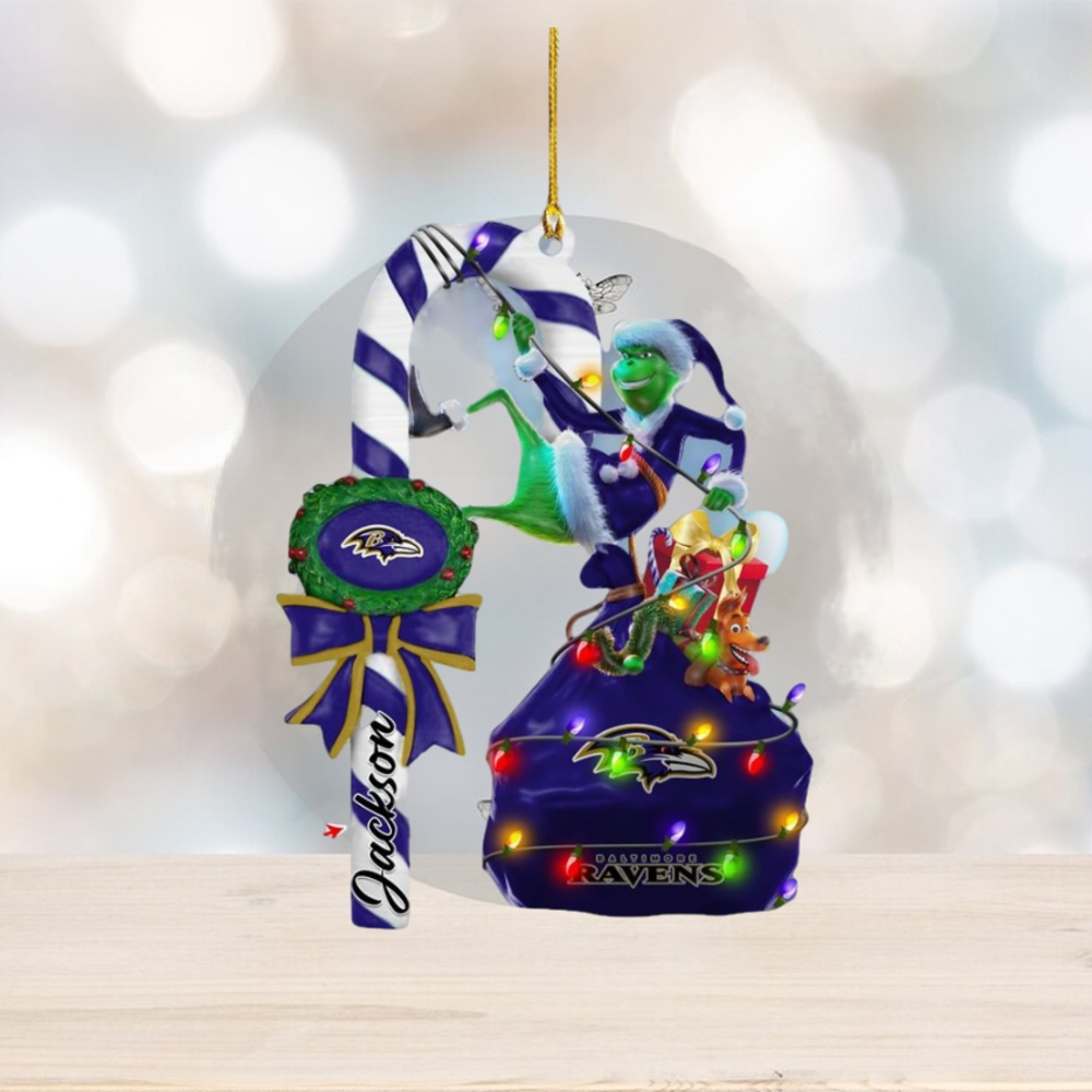 Baltimore Ravens NFL Custom Name Grinch Candy Cane Ornament 2 Side Baltimore Ravens NFL Custom Name Grinch Candy Cane Ornament 2 Side