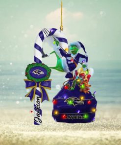 Baltimore Ravens NFL Custom Name Grinch Candy Cane Ornament 2 Side