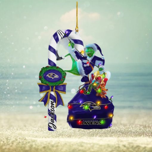 Baltimore Ravens NFL Custom Name Grinch Candy Cane Ornament 2 Side