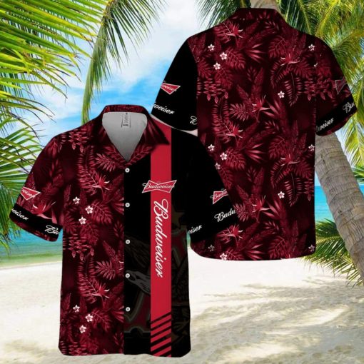 Beer Budweiser Hawaiian Shirt Red Tropical Foliage On Dark Theme