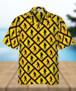 Bigfoot Yellow Square Bigfoot Hawaiian Shirt, Diamond Pattern Caution Signs Bigfoot Shirt For Men