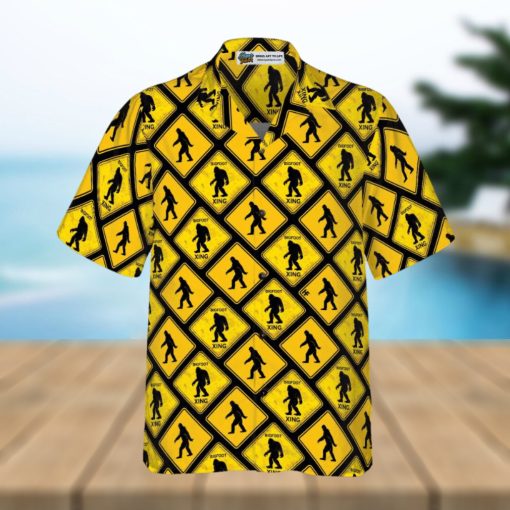 Bigfoot Yellow Square Bigfoot Hawaiian Shirt, Diamond Pattern Caution Signs Bigfoot Shirt For Men