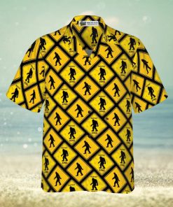 Bigfoot Yellow Square Bigfoot Hawaiian Shirt, Diamond Pattern Caution Signs Bigfoot Shirt For Men