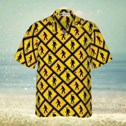 Bigfoot Yellow Square Bigfoot Hawaiian Shirt, Diamond Pattern Caution Signs Bigfoot Shirt For Men