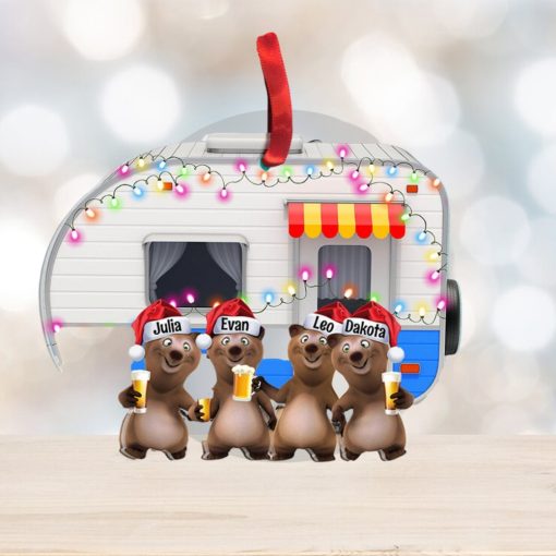 Camping Bear Happy Camper With Custom Drink Personalized Christmas Ornament