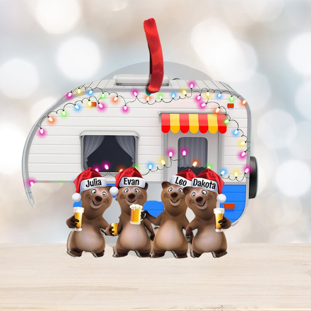 Camping Bear Happy Camper With Custom Drink Personalized Christmas Ornament Camping Bear Happy Camper With Custom Drink Personalized Christmas Ornament
