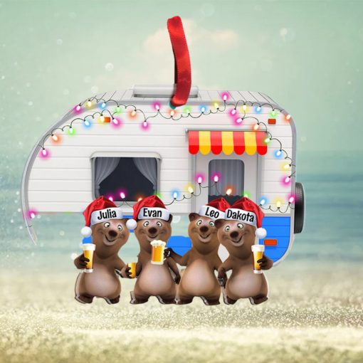 Camping Bear Happy Camper With Custom Drink Personalized Christmas Ornament