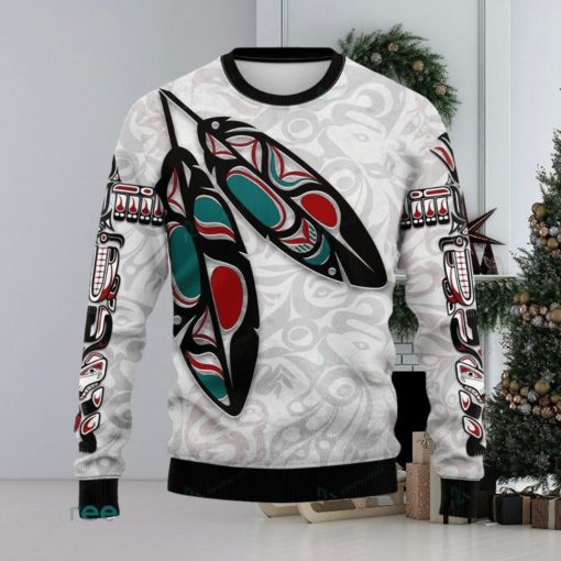 Canada Knitted Christmas Ugly Sweater 3D, Haida Eagle Feathers White