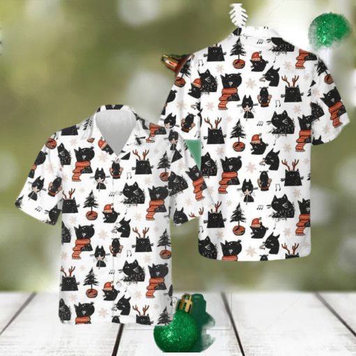 Cartoon Black Cat Merry Christmas Hawaiian Shirt Funny Xmas Cat Shirt Gifts For Cousin