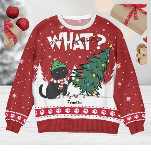 Cat What   Christmas Tree   Personalized Ugly Sweater