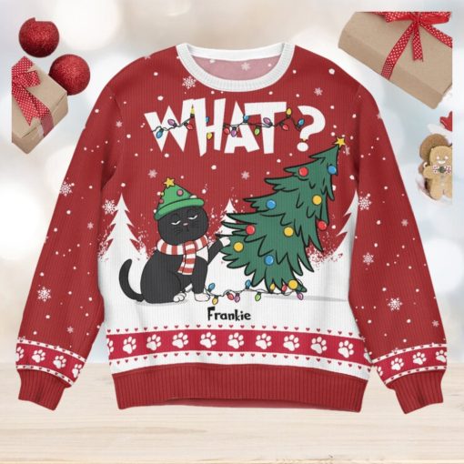 Cat What   Christmas Tree   Personalized Ugly Sweater