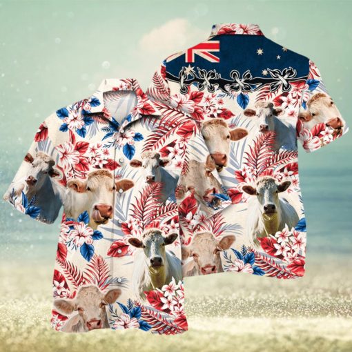 Charolais Cattle Australian Flag Hawaiian Flowers All Over Printed 3D Hawaiian Shirt